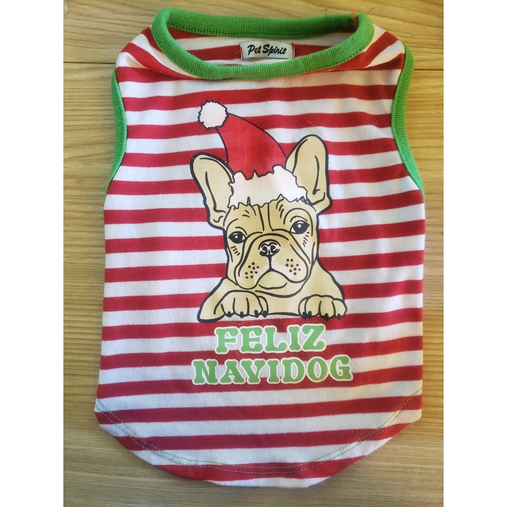 Pet Spirit Feliz Navidog Frenchie Christmas Dog Shirt Red White Striped Small